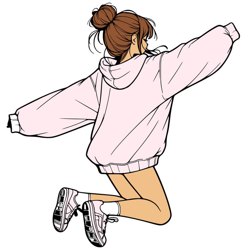 realistic girl jumping with a bun and oversized sweatshirt