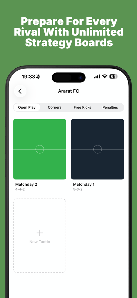 Elite Soccer Lineup - Tactico - Pantalla de la aplicación Táctico que muestra pizarras de estrategia de fútbol para formaciones del día del partido.