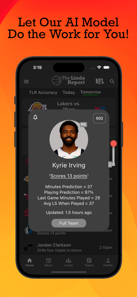 The Linda Report mobile app interface showing Kyrie Irving AI player statistics and game predictions