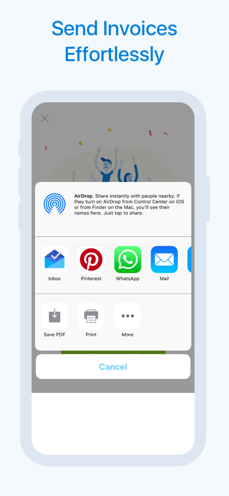Invoice Creator by FreshBooks - iPhone screen showing options to send an invoice via email whatsapp and pdf
