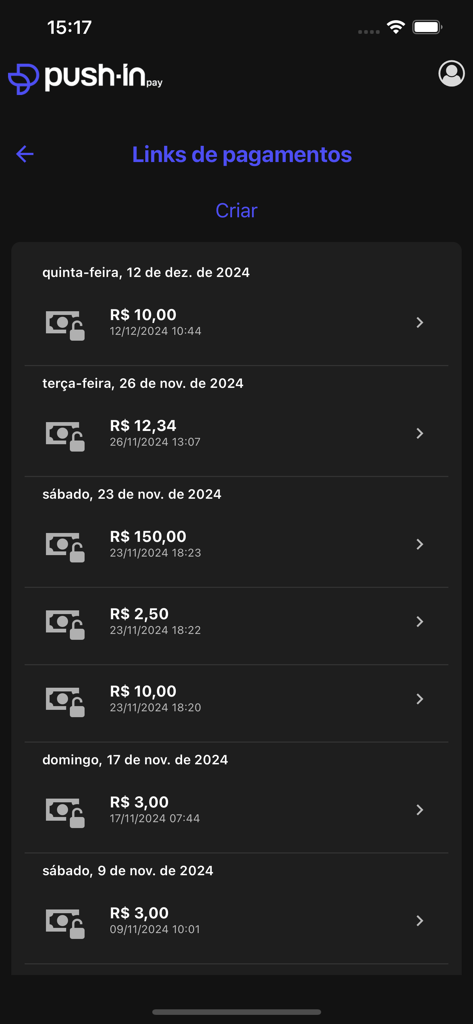 PushinPay - PushinPay mobile app screen displaying a history of payment links and transactions.