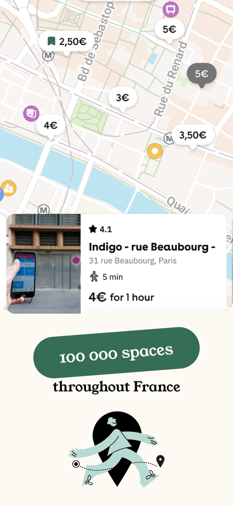 Interfaz de mapa de la aplicación móvil Zenpark que muestra precios de estacionamiento y detalles de plazas en París, Francia.