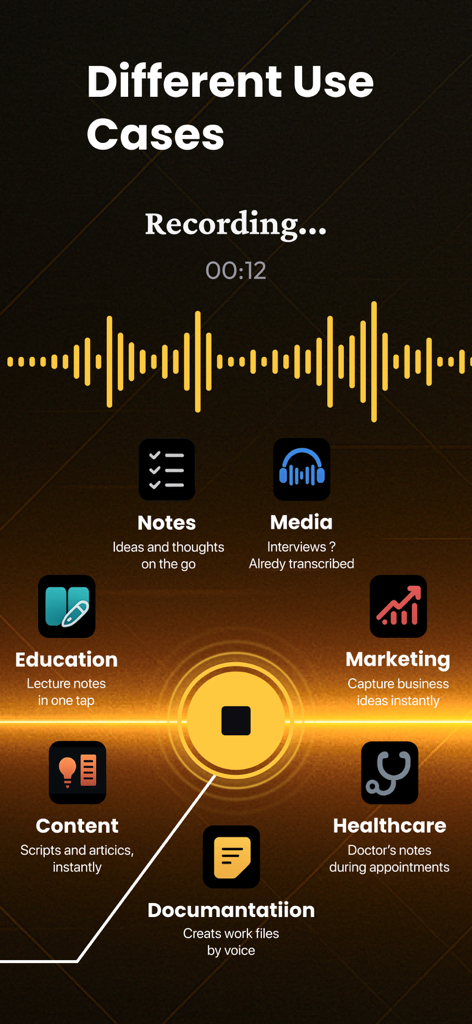 AI Note Taking: Notalist - A screen from the Notalist app showing various use cases for AI voice transcription including education, healthcare, marketing, and notes.
