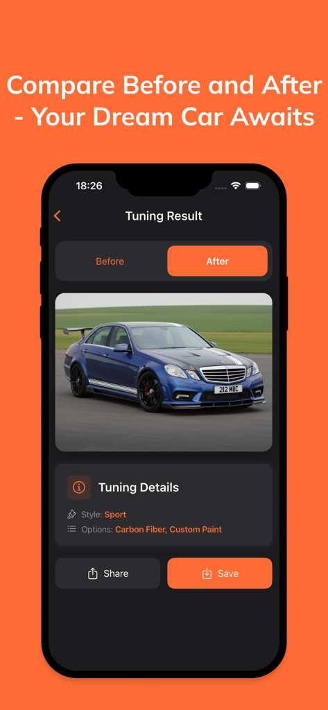 Tuning App: Ai Car Designer - Comparison screen of a blue sports car tuned with AI features like carbon fiber and custom paint