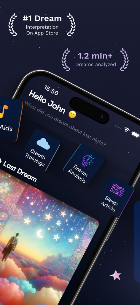 Interface of the Dreamy app showing dream analysis features and AI-generated dream artwork.