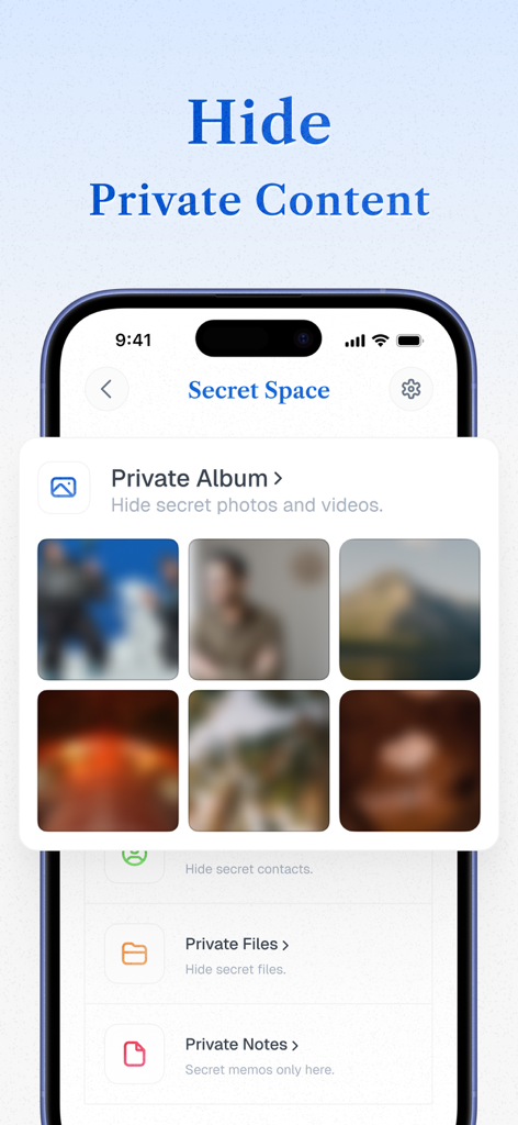Oberfläche der True Cleaner App "Secret Space" mit Optionen zum Ausblenden privater Fotos, Dateien und Notizen