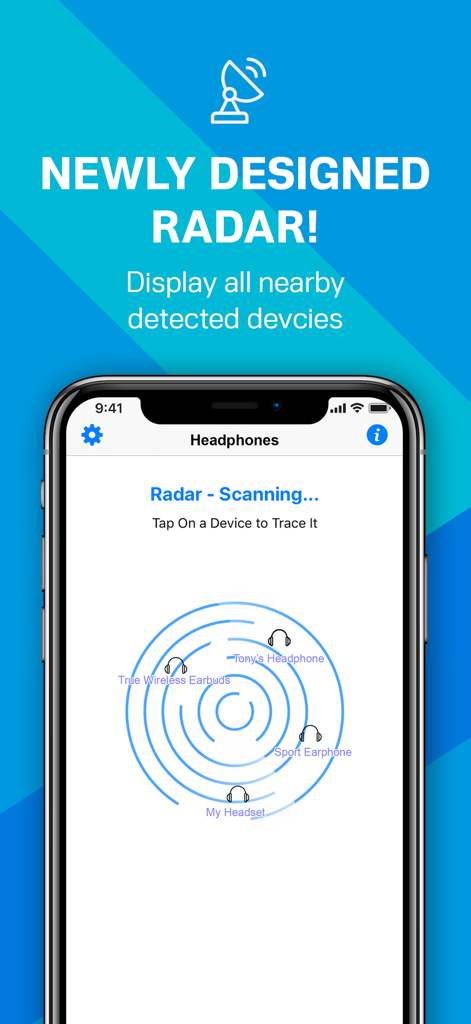 ヘッドフォンやイヤホンのような近くのBluetoothデバイスを見つけるための新しく設計されたレーダーインターフェースを示す携帯電話・デバイス検索アプリのスクリーンショット。