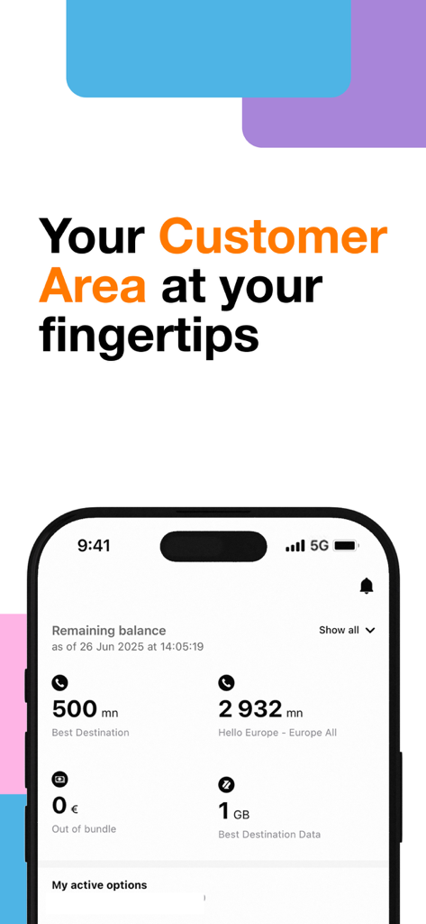 Hello eSIM – Orange Luxembourg - Hello eSIM app dashboard showing remaining data and call minutes