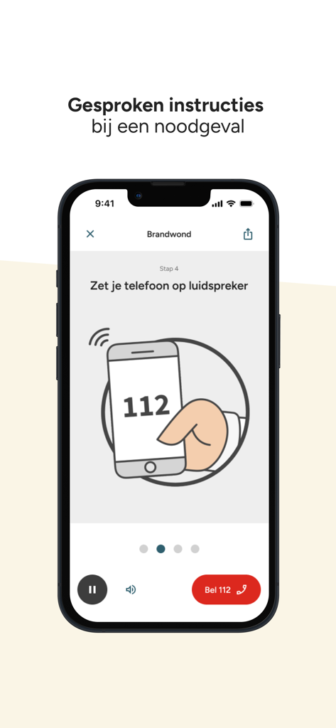 EHBO-app - Rode Kruis - A smartphone showing step by step first aid instructions from the Red Cross app with a button to call emergency services