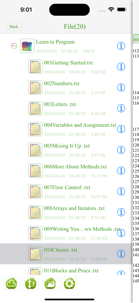 Ruby IDE Fresh Edition - List of Ruby programming lesson files in the Ruby IDE Fresh Edition app