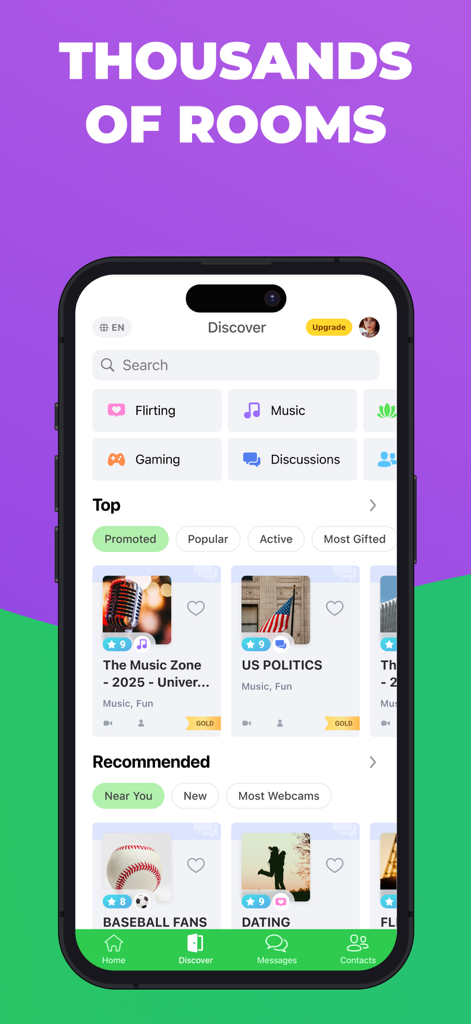 Interface de l'application Camfrog montrant diverses catégories de salons de discussion vidéo en direct comme la musique, les jeux et les discussions