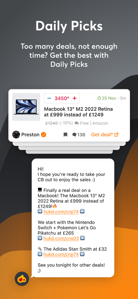 hotukdeals - Deals & Discounts - Una pantalla de smartphone de la aplicación hotukdeals destacando la función de Selecciones Diarias con los mejores descuentos en electrónica y moda.