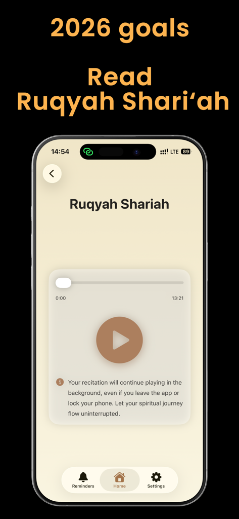 Interface de l'application mobile montrant le lecteur audio Ruqyah Shariah avec fonction de lecture en arrière-plan.