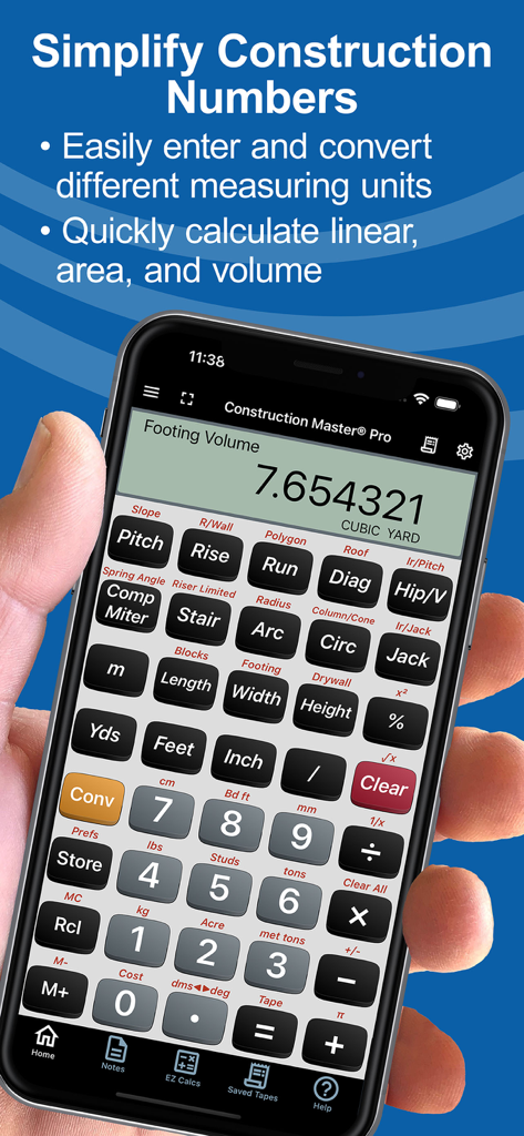 Smartphone affichant l'application de calcul Construction Master Pro avec un calcul de volume de fondation
