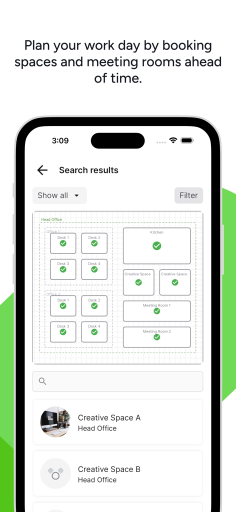 Sign In Companion - Sign In Companion App-Oberfläche mit einem Grundriss zur Buchung von Büroschreibtischen und Besprechungsräumen.