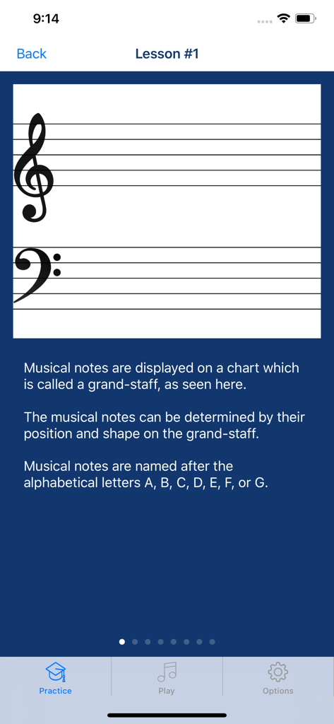 Introductory lesson screen in NoteRacer app explaining the musical grand staff and note naming conventions