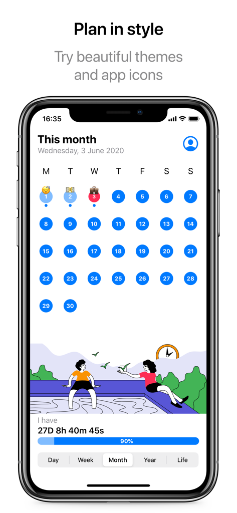 Daily Planner - Schedule App - Monthly calendar view with a countdown timer and progress bar in the Daily Planner app.