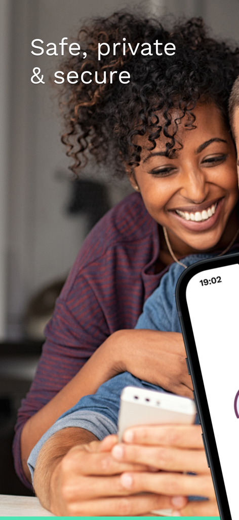 Just a Baby: Become a parent - A smiling woman looking at a smartphone screen with the words safe private and secure