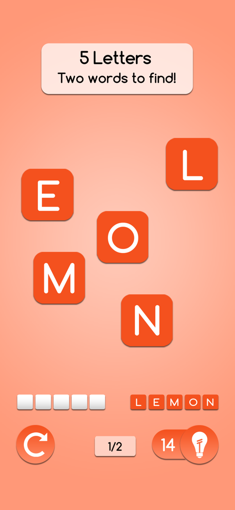 AnagrApp - Fun Word Game - A 5-letter anagram puzzle screen from the AnagrApp word game showing the letters E L O M N and the solved word lemon.