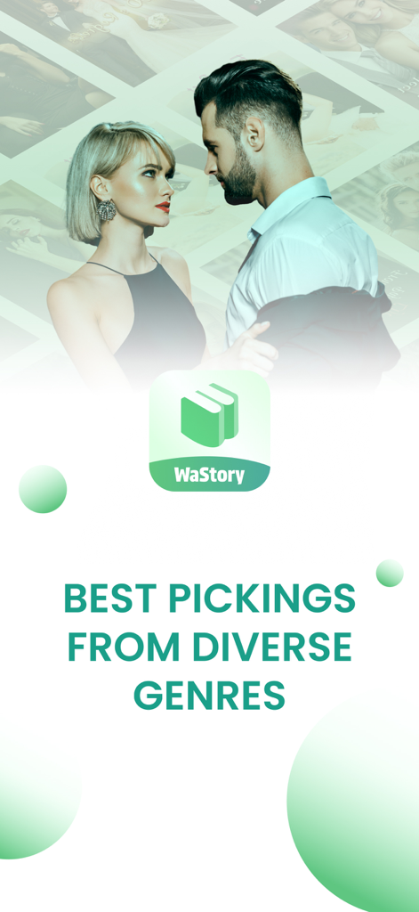 WaStory - Ein romantisches Paar, das sich auf einem Werbebildschirm für die WaStory-App mit Text über vielfältige Buchgenres ansieht.