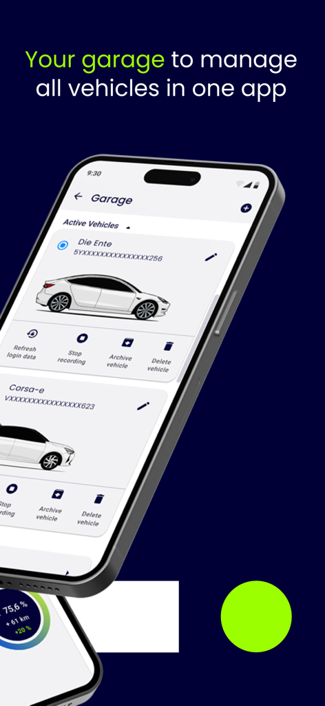 TRONITY - TRONITY-App, die die virtuelle Garagenschnittstelle zur Verwaltung mehrerer Elektrofahrzeuge an einem Ort anzeigt.