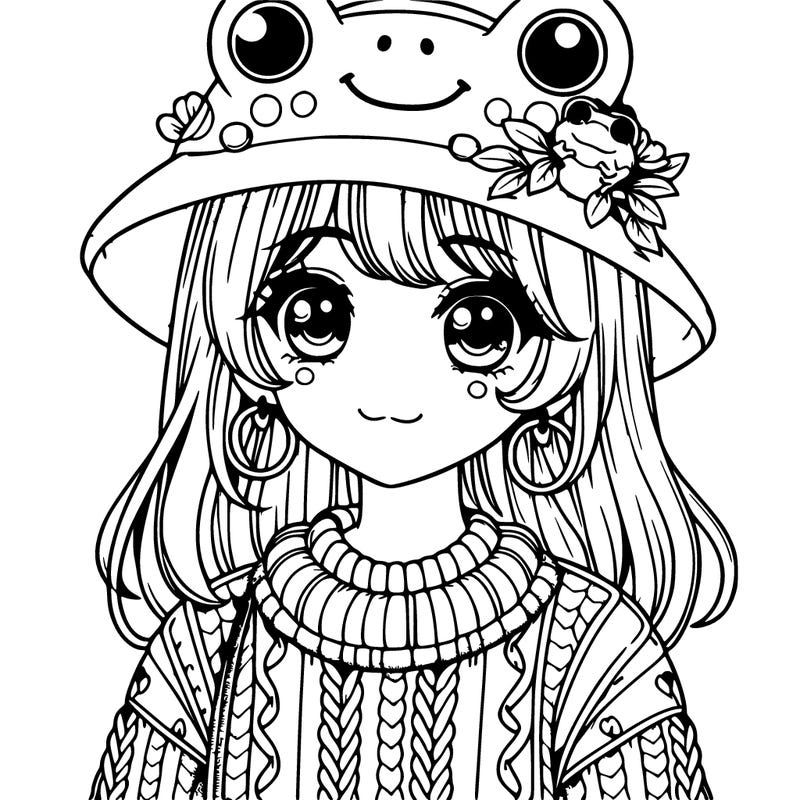 realistic girl wearing frog sweater and a frog hat with frog earrings