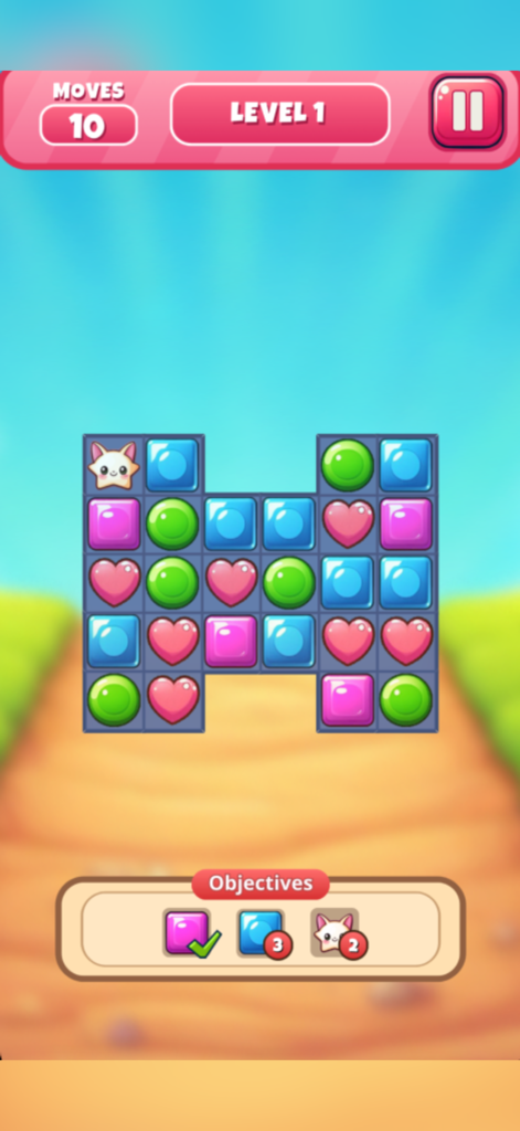 Cute Candy Puzzle - かわいいキャンディパズルのゲームプレイ画面。レベル1にカラフルなキャンディブロックとかわいい猫のキャラクターが表示されています。