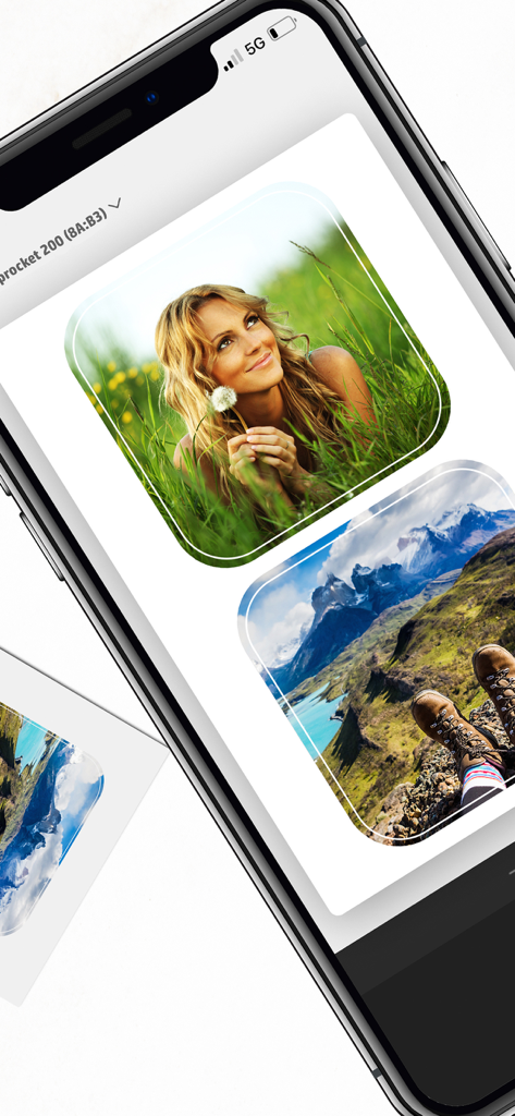 HP Sprocket - Interfaz de la app HP Sprocket en un smartphone mostrando la selección de fotos para imprimir