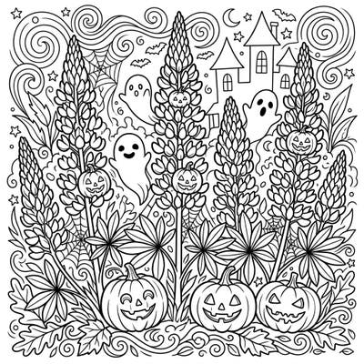 Unleash your creativity with this enchanting Halloween lupine coloring page! Discover a delightful scene where tall lupine flowers meet friendly ghosts, grinning jack-o'-lanterns, and a charming haunted house, perfect for a spooky-fun coloring session.