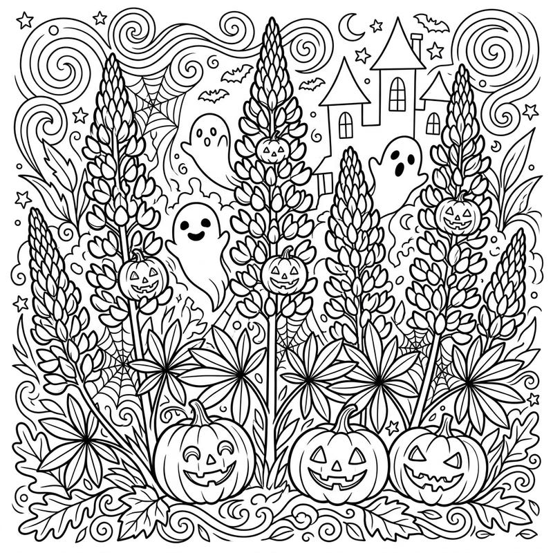 Unleash your creativity with this enchanting Halloween lupine coloring page! Discover a delightful scene where tall lupine flowers meet friendly ghosts, grinning jack-o'-lanterns, and a charming haunted house, perfect for a spooky-fun coloring session.