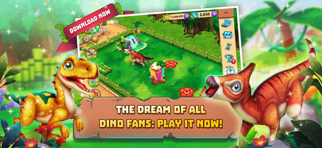 Dinosaur Park: Primeval Zoo - Two cute cartoon dinosaurs in front of a prehistoric zoo enclosure with the text The dream of all dino fans play it now.