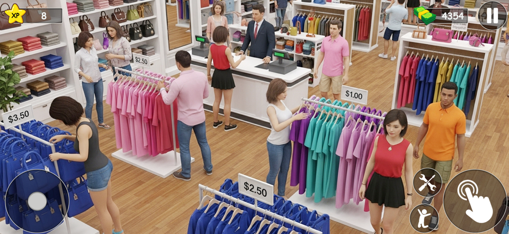 Interior view of a clothing store with customers browsing fashion items in a shop management game