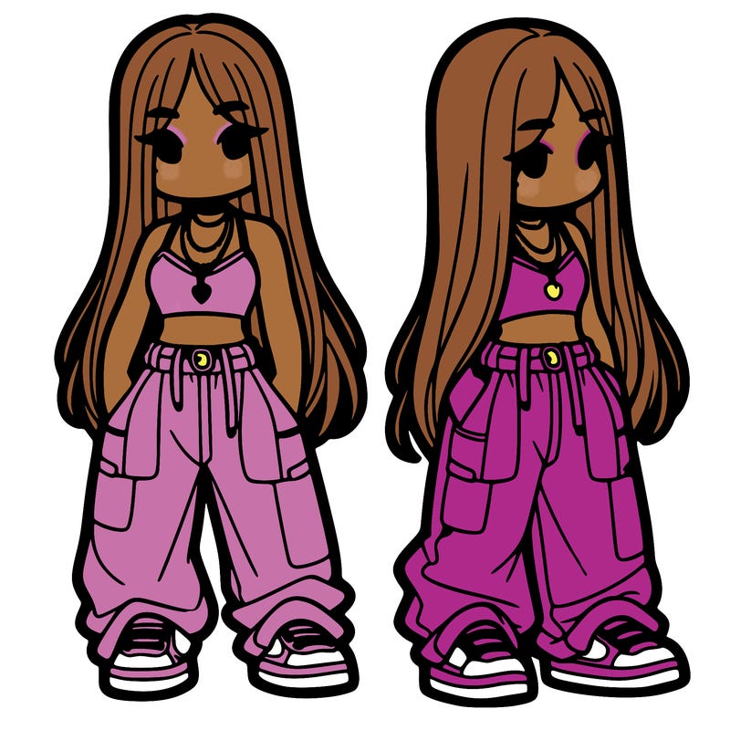 girl in baggy pants crop top and long hair
