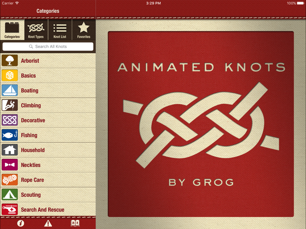 Animated Knots by Grog HD - Main screen of the Animated Knots by Grog HD iPad app showing a list of knot categories like boating climbing and fishing
