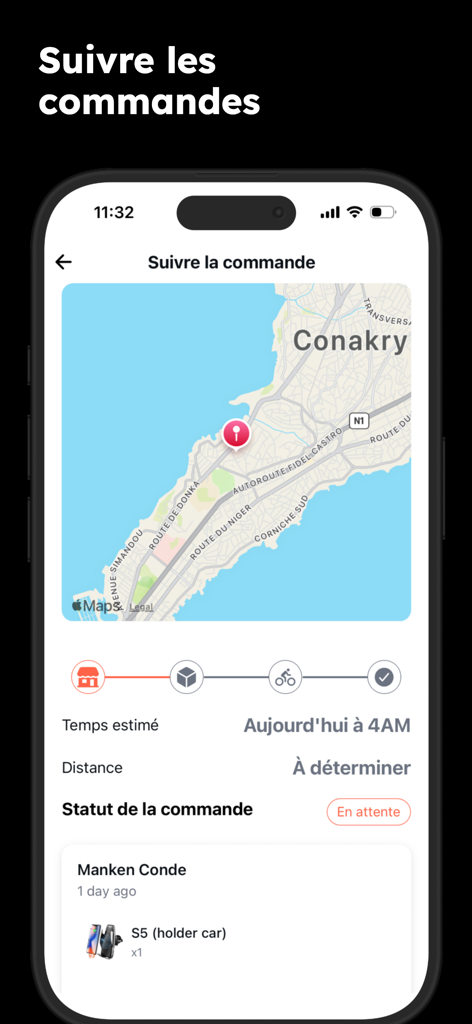 Liigo App - Real-time order tracking interface on Liigo app showing a map of Conakry and delivery status progress.