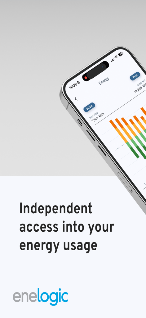 Enelogic - Smartphone displaying the Enelogic app with a chart of yearly energy usage and solar exports.