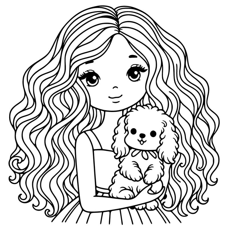 a beautiful girl with long curly hair holding a cute dog
