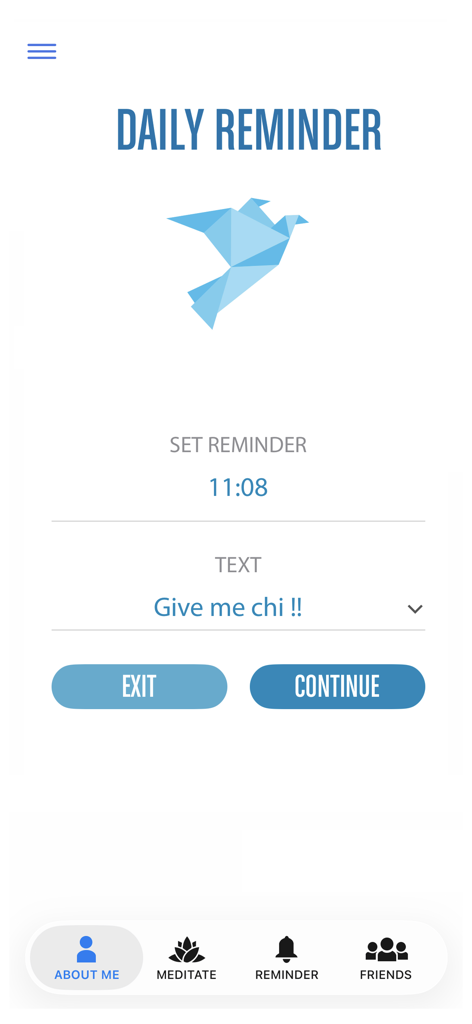7 Minute Chi - Meditate & Move - Daily reminder settings screen in the 7 Minute Chi app with time picker and custom notification text