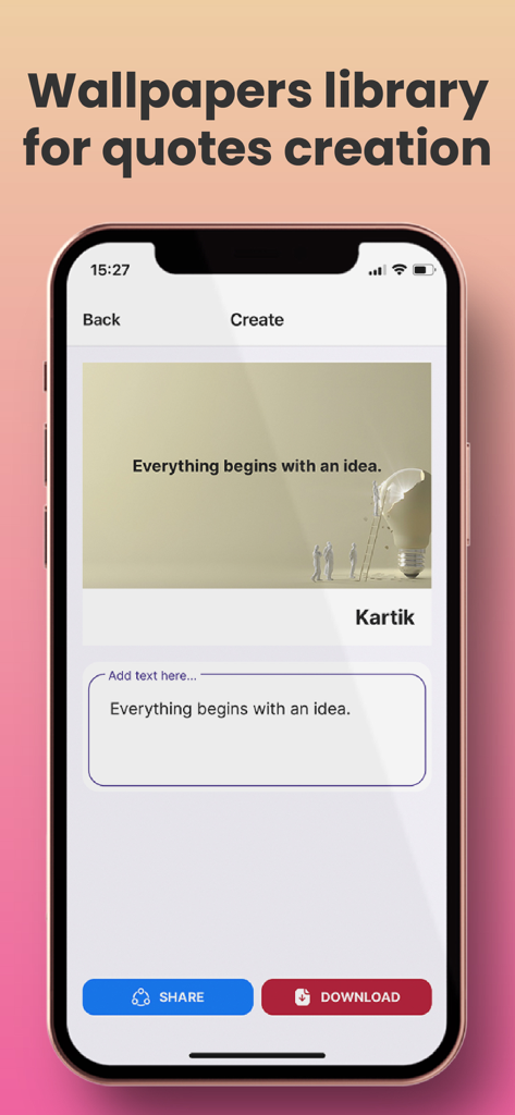 Crafto App - Tela do aplicativo Crafto mostrando uma ferramenta de criação de citações com um fundo de papel de parede e opções de edição