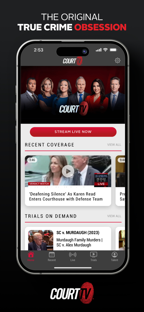 Écran d'accueil de l'application mobile Court TV affichant la couverture des procès en direct et les nouvelles juridiques à la demande