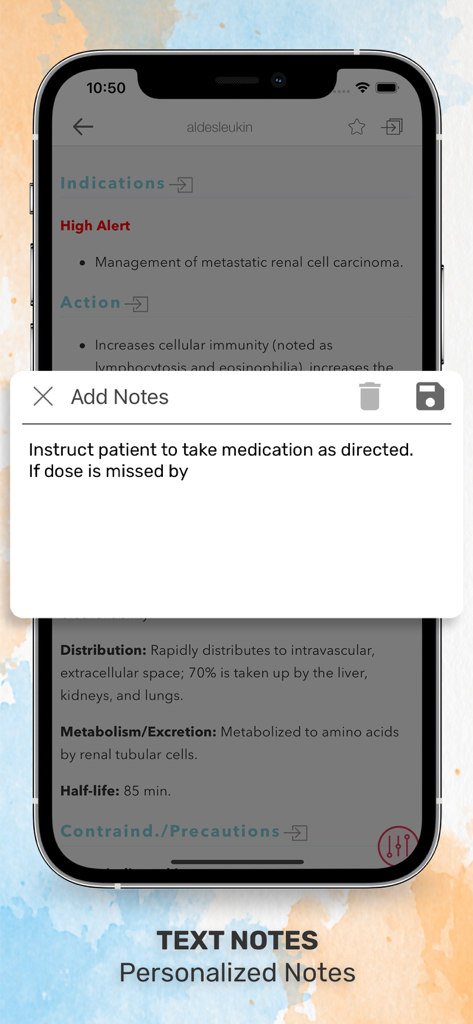 Davis’s Drug Guide for Nurses - Personalized clinical notes feature on Davis's Drug Guide for Nurses mobile app