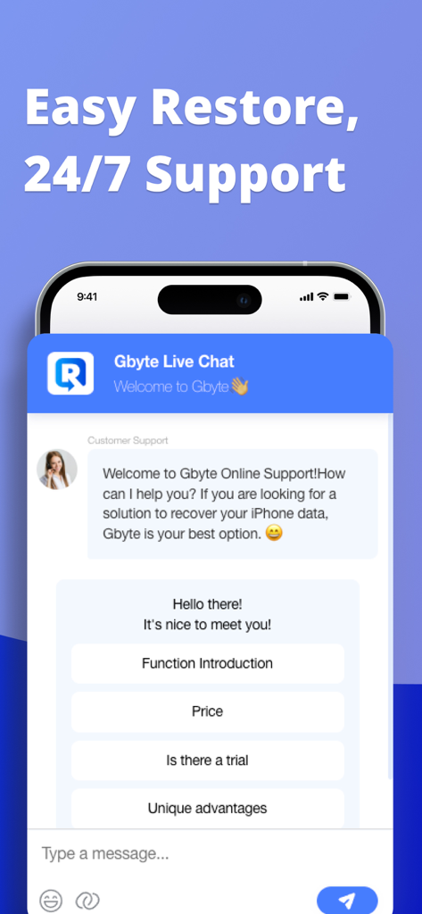 Interface de chat en direct de l'application Gbyte Recovery montrant les options de support client 24/7 pour la restauration de données