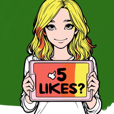a realistic girl holding a sign saying 5 likes?