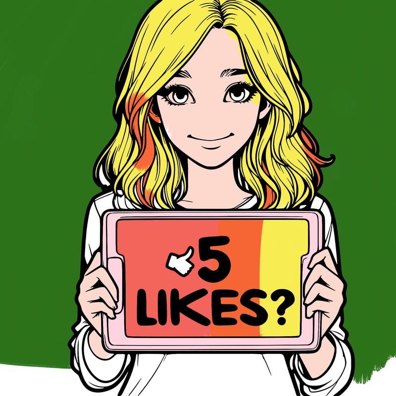 a realistic girl holding a sign saying 5 likes?