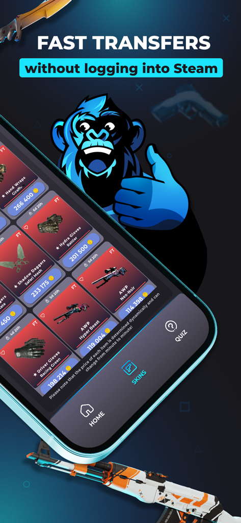 SkinApe mobile app screen showing CS2 skins and the fast transfer feature with a blue gorilla mascot.