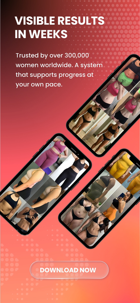 ELEV8 : Train with Structure - Smartphones mostrando transformaciones corporales de usuarios y resultados de fitness con el texto Resultados Visibles en Semanas.