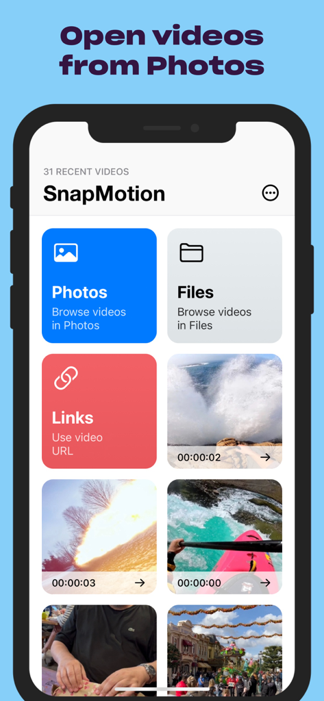 The SnapMotion app interface showing options to open videos from Photos, Files, and Links.