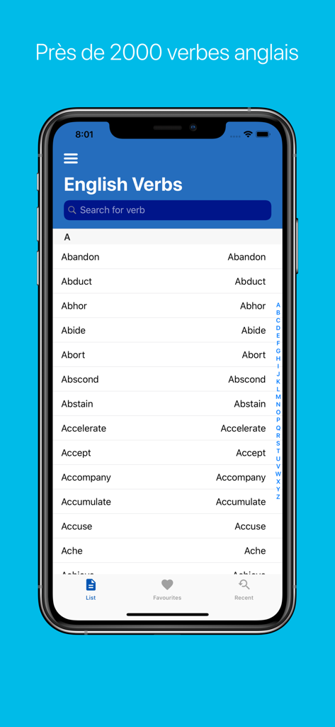 Mobile app interface showing an alphabetical list of English verbs with a search bar and navigation tabs