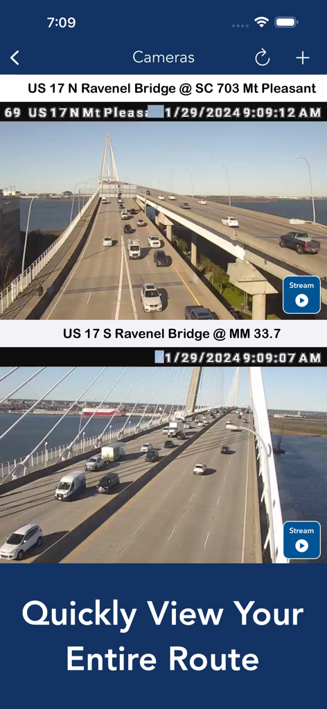 South Carolina Traffic Cameras - South Carolina Traffic Cameras app showing live feeds of the Ravenel Bridge in Charleston