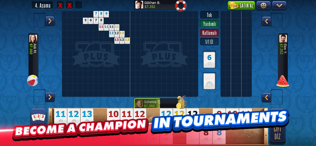 A competitive match in 101 Okey Plus Rummy showing tiles arranged on the game board during a tournament.
